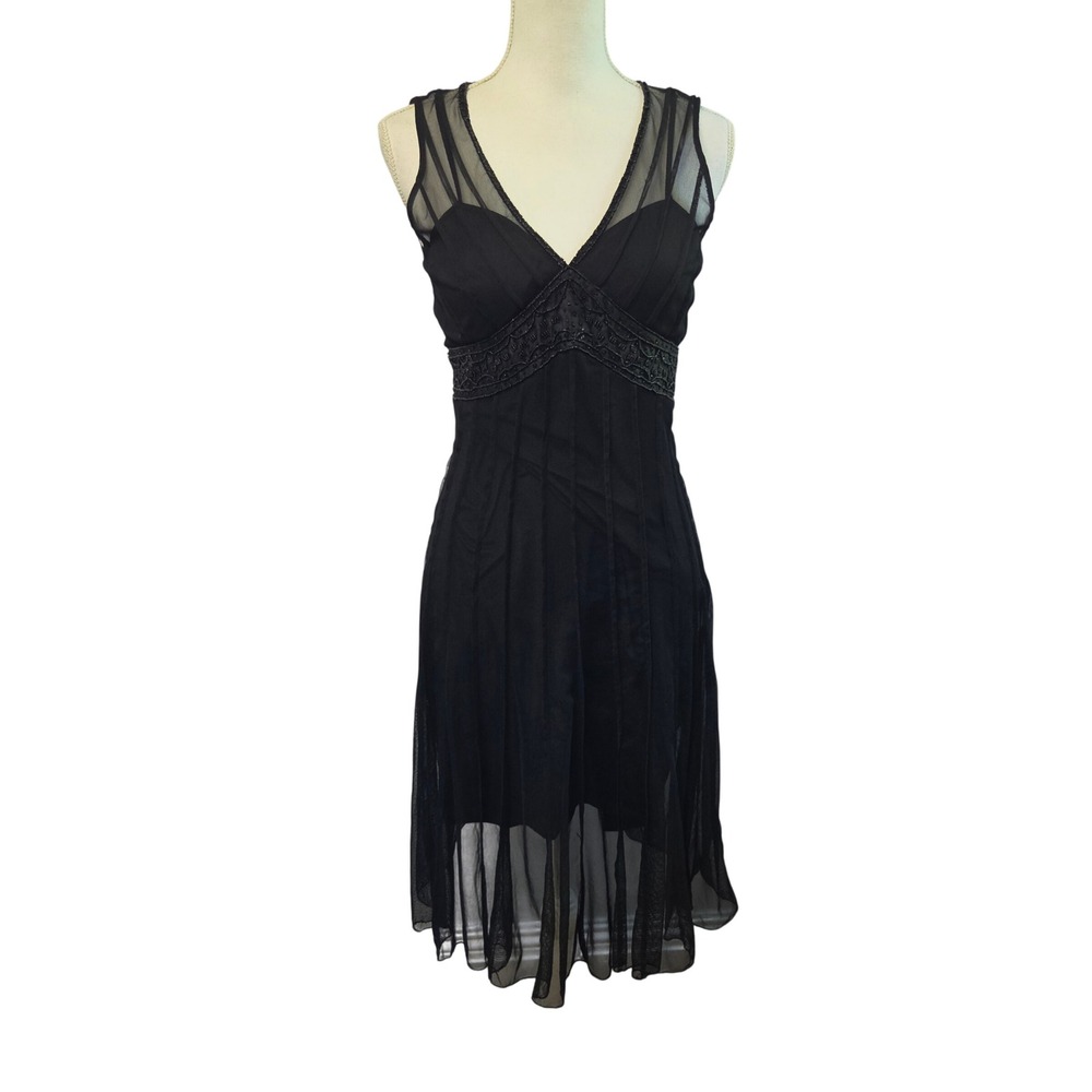 White‎ House Black Market Dress Sheer WHBM Black Beaded V-Neck Mesh Overlay 6